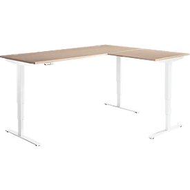 AERO FLEX hoekbureau, elektrisch in hoogte verstelbaar, hoek 90°, T-voet, B 2000 x D 1600 mm, eiken/wit + memorypaneel