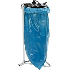 Afvalbak Fetra 1385, stationair, voor afvalzakken met een inhoud van 120 l, met deksel en klemring, handgreep, B 500 x H 960 mm, staal en PVC, lichtgrijs