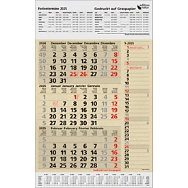 Agenda mensuel Korsch edition natur Combi 2025, 3 mois par page, calendriers en D/GB/FR/IT, minuterie latérale, curseur de date, L 300 x H 478 mm, papier à l'herbe