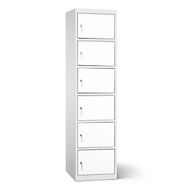 Akku Ladeschrank, 6 Abteile mit Zylinderschloss, CH-Stecker, Stahlblech lichtgrau RAL 7035/reinweiss RAL 9010