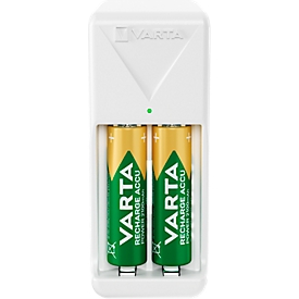 Akkuladegerät Varta Mini, 2x AA/AAA, Ladezeit 4,5 h, EU-Stecker, 100-240 h, inkl. 2 AA-Akkus, B 43 x T 63 x H 103 mm, weiss