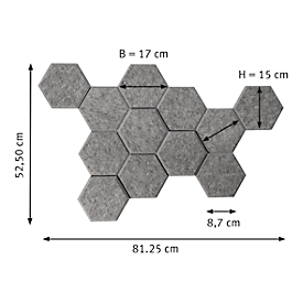 Akustik-Wandelemente, 6-eckig, 12 Stk., Schallabsorberklasse C, 3M Klebepad, B 170 x H 150 mm, Polyester, grau-melierte Filzoptik