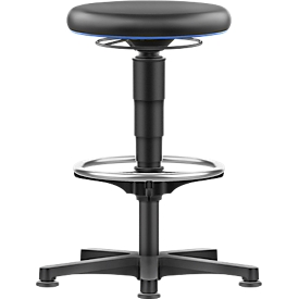 Allround stool Bimos, seat height adjustable, with glider &amp; foot ring, imitation leather cover, washable, insensitive to oils &amp; disinfectants, color ring blue.