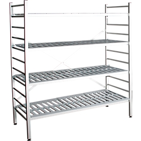 aluminium legbordstelling, basissectie, met 4 roosterborden van kunststof, H 1800 x B 1200 x D 400 mm