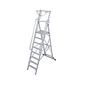 Aluminium trapladder, met groot platform, met veiligheidsbeugel en ketting, 8 treden