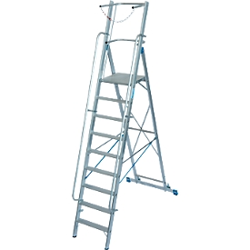 Aluminium trapladder, met groot platform, met veiligheidsbeugel en ketting, 9 treden