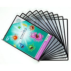 Antibacterial display boards Tarifold, for display panel system Sterifold, Portrait format A4, open top, PVC, black, 10 pieces