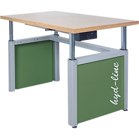 Arbeitstisch Bedrunka+Hirth Hydline, elektrisch höhenverstellbar, bis 600 kg, Buche-Multiplex-Arbeitsplatte, B 1500 x T 750 x H 700-1100 mm