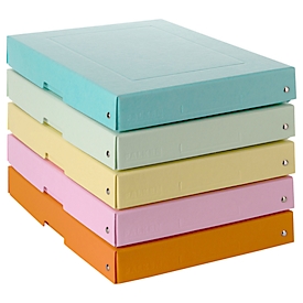 Archiefdoos Falken PURE Box Pastel A4, voor maximaal 500 vel, met etiketveld, L 320 x B 240 x vulhoogte 40 mm, FSC® karton, geassorteerde kleuren, 5 stuks