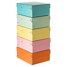 Archiefdoos Falken PURE Box Pastel A5, voor maximaal 1250 vel, met etiketveld, L 250 x B 180 x vulhoogte 100 mm, FSC® karton, geassorteerde kleuren, 5 stuks