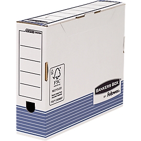 Archiefdozen BANKERS BOX serie System, tot A4, klepdeksel & etikettenveld, B 85 x D 265 x H 327 mm, FSC recycled karton, blauw-wit, 10 st.