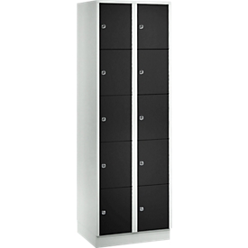 Armario de casilleros para objetos de valor 300 mm, 2 compartimentos, 10 compartimentos, cerradura de cilindro de seguridad, zócalo, negro intenso