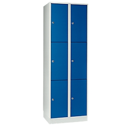 Armario de casilleros para objetos de valor 300 mm, 2 compartimentos, 6 compartimentos, cerradura de cilindro de seguridad, zócalo, azul genciana