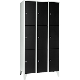 Armario de casilleros para objetos de valor 300 mm, 3 compartimentos, 9 compartimentos, cerradura de cilindro de seguridad, pie, negro intenso