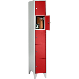 Armario de casilleros para objetos de valor, con patas, 5 compartimentos, anchura de los compartimentos 300 mm, cerradura de cilindro de seguridad, rojo vivo
