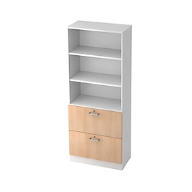 Armario estantería TARVIS, 5 AA, 2 archivadores colgantes extraíbles, 60 kg, con cerradura, 2 estantes, An 800 x P 420 x Al 2004 mm, blanco/acabado en roble