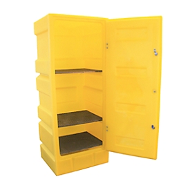 Armario para materiales peligrosos para envases pequeños PSC2, 3 estantes de rejilla, cubeta colectora 70 l, con cerradura, PE, amarillo