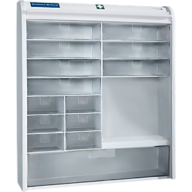 Armario para medicamentos con puerta de cortina, ancho 480 x fondo 420 x alto 100 mm, sin contenido, blanco