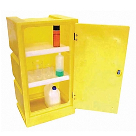 Armario para productos químicos PSC1 para recipientes pequeños, 2 estantes, cubeta colectora 30 l, con cerradura, PE, amarillo