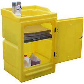Armario para productos químicos PWSD para recipientes pequeños, bandeja de 10 l, bandeja colectora de 48 l y 16 l, con cerradura, PE, amarillo