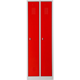 Armario ropero, 2 puertas, ancho 600 x alto 1800 mm, cerradura de pestillo giratorio, gris claro/rojo fuego
