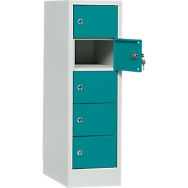 Armoire à casier verrouillable, tôle d'acier, Charnière de porte côté droit, serrure à cylindre, 5 compartiments, l. 300 x H 965 mm, gris cl. RAL 7035/turquoise RAL 5021
