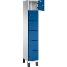 Armoire à casiers Cambio C+P, 1 compartiment, 6 casiers, sur pieds, L 300 x P 525 x H 1980 mm, gris clair/bleu gentiane