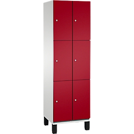 Armoire à casiers Cambio C+P, 2 compartiments, 6 casiers, sur pieds, L 600 x P 525 x H 1980 mm, gris clair/rouge rubis