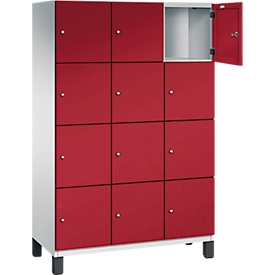 Armoire à casiers Cambio C+P, 3 compartiments, 12 casiers, sur pieds, L 1200 x P 525 x H 1980 mm, gris clair/rouge rubis