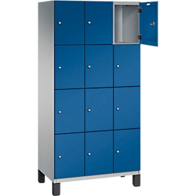 Armoire à casiers Cambio C+P, 3 compartiments, 12 casiers, sur pieds, L 900 x P 525 x H 1980 mm, aluminium blanc/bleu gentiane