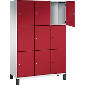 Armoire à casiers Cambio C+P, 3 compartiments, 9 casiers, sur pieds, L 1200 x P 525 x H 1980 mm, gris clair/rouge rubis