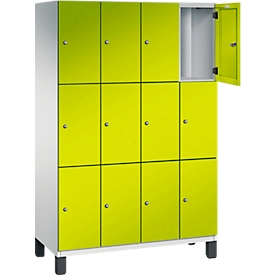 Armoire à casiers Cambio C+P, 4 compartiments, 12 casiers, sur pieds, L 1200 x P 525 x H 1980 mm, gris clair/vert clown