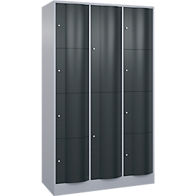 Armoire à casiers combinés Resisto de C+P, 3 compartiments, 12 casiers, L 1148 x P 540 x H 1950 mm, alu blanc/gris anthracite