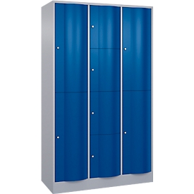 Armoire à casiers combinés Resisto de C+P, 3 compartiments, 8 casiers, L 1148 x P 540 x H 1950 mm, alu blanc/bleu gentiane