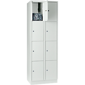 Armoire à casiers pour objets de valeur 300 mm, 2 compartiments, 8 casiers, serrure à cylindre de sécurité, sur socle, gris clair