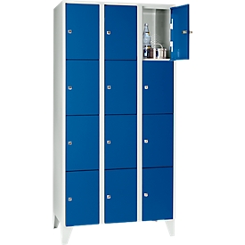 Armoire à casiers pour objets de valeur 300 mm, 3 compartiments, 12 casiers, serrure à cylindre de sécurité, pied, bleu gentiane