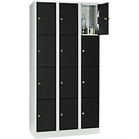 Armoire à casiers pour objets de valeur 300 mm, 3 compartiments, 12 casiers, serrure à cylindre de sécurité, sur socle, noir ébène