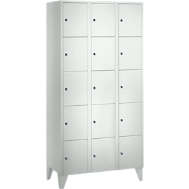 Armoire à casiers pour objets de valeur 300 mm, 3 compartiments, 15 casiers, serrure à cylindre de sécurité, pied, gris clair
