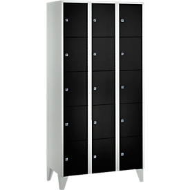 Armoire à casiers pour objets de valeur 300 mm, 3 compartiments, 15 casiers, serrure à cylindre de sécurité, pied, noir ébène