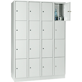 Armoire à casiers pour objets de valeur 300 mm, 4 compartiments, 16 casiers, serrure à cylindre de sécurité, sur socle, gris clair