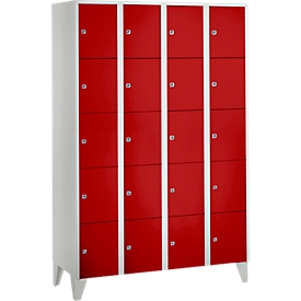 Armoire à casiers pour objets de valeur 300 mm, 4 compartiments, 20 casiers, serrure à cylindre de sécurité, pied, rouge feu