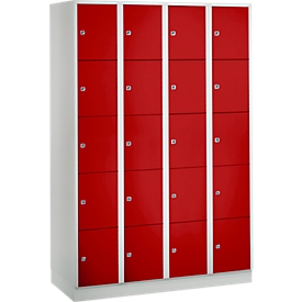 Armoire à casiers pour objets de valeur 300 mm, 4 compartiments, 20 casiers, serrure à cylindre de sécurité, sur socle, rouge feu