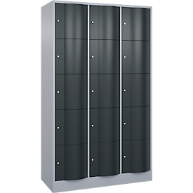 Armoire à casiers Resisto de C+P, 3 compartiments, 15 casiers, L 1148 x P 540 x H 1950 mm, alu blanc/gris anthracite