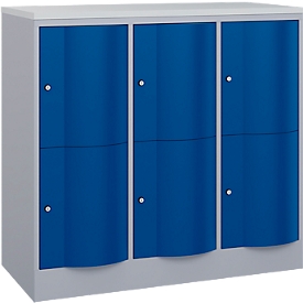 Armoire à casiers Resisto de C+P, 3 compartiments, 6 casiers, L 1148 x P 540 x H 1077 mm, alu blanc/bleu gentiane