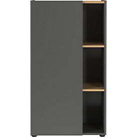 Armoire à étagères Athen, 3 compartiments, 2 tablettes, 1 porte sans poignée, 5 patins, L 610 x P 340 x H 1100 mm, bois, graphite/chêne Navarra