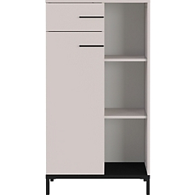 Armoire à étagères Monaco, 3 compartiments, 2 tablettes, 1 tiroir, 1 porte avec poignées, L 640 x P 340 x H 1200 mm, bois/métal, cachemire/noir