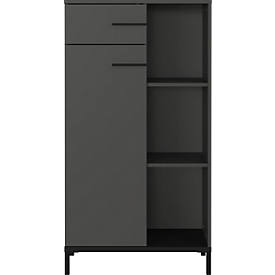 Armoire à étagères Monaco, 3 compartiments, 2 tablettes, 1 tiroir, 1 porte avec poignées, L 640 x P 340 x H 1200 mm, bois/métal, graphite/noir