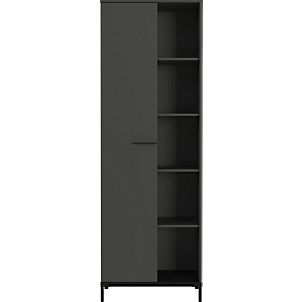 Armoire à étagères Monaco, 5 compartiments, 4 tablettes, 1 porte avec poignées, L 640 x P 340 x H 1900 mm, bois/métal, graphite/noir