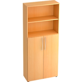 Armoire à étagères TARA, 5 hauteurs de classeur, 3 étagères, portes supérieures/inférieures, l. 800 x P 346 x H 1880 mm, coloris hêtre