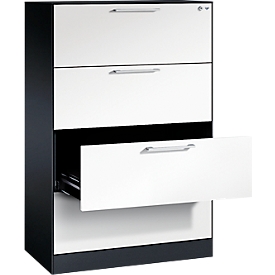 Armoire à fiches, 2 rangées pour A4 horizontal, 4 tiroirs avec extension totale &amp; poignées en forme d'étrier, fermeture centrale, L 800 x P 435 x H 1298 mm, gris noir/blanc
